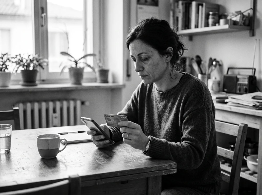 Donna preoccupata mentre paga l'ennesima dieta
